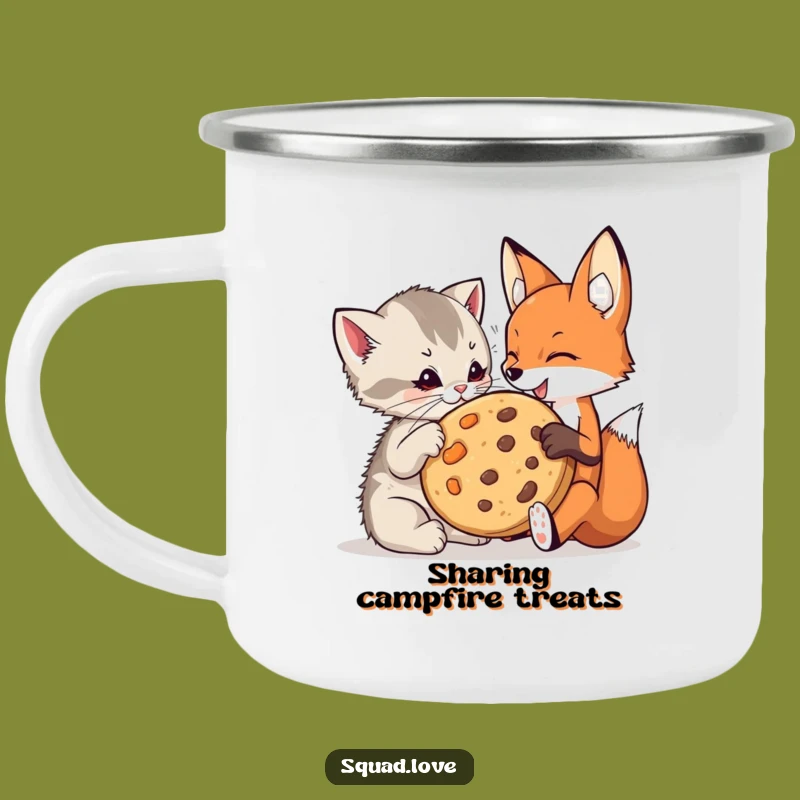 Funny Kitten & Fox Cookie Camping Mug: Playful Friends Share Treat, Outdoor Funny Gift