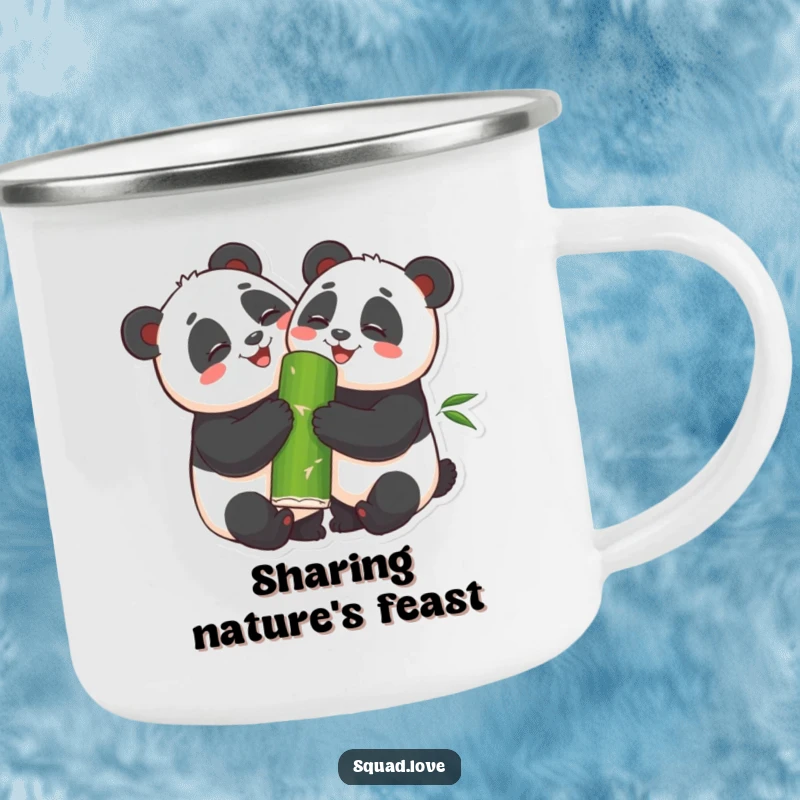 Funny Camping Mug with an enamel finish featuring two smiling pandas hugging and sharing bamboo, built for outdoor enjoyment.