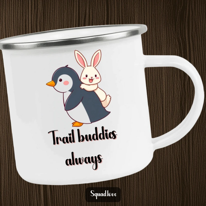 Funny camping mug showing a penguin giving a happy rabbit a piggyback ride, perfect for outdoor adventures and cheerful drinks.