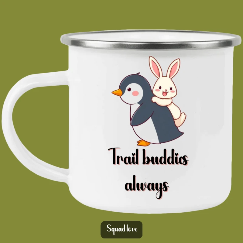 Funny Penguin & Rabbit Piggyback Enamel Mug, Outdoor Adventure Gift