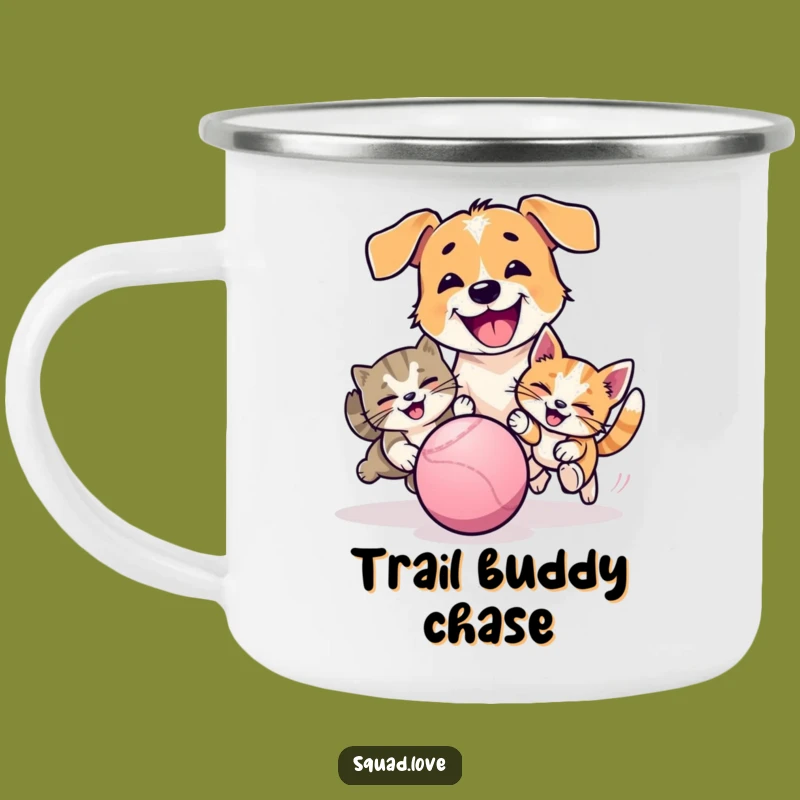 Funny Pet Chase Camping Mug: Adventure with Dog and Cat Play