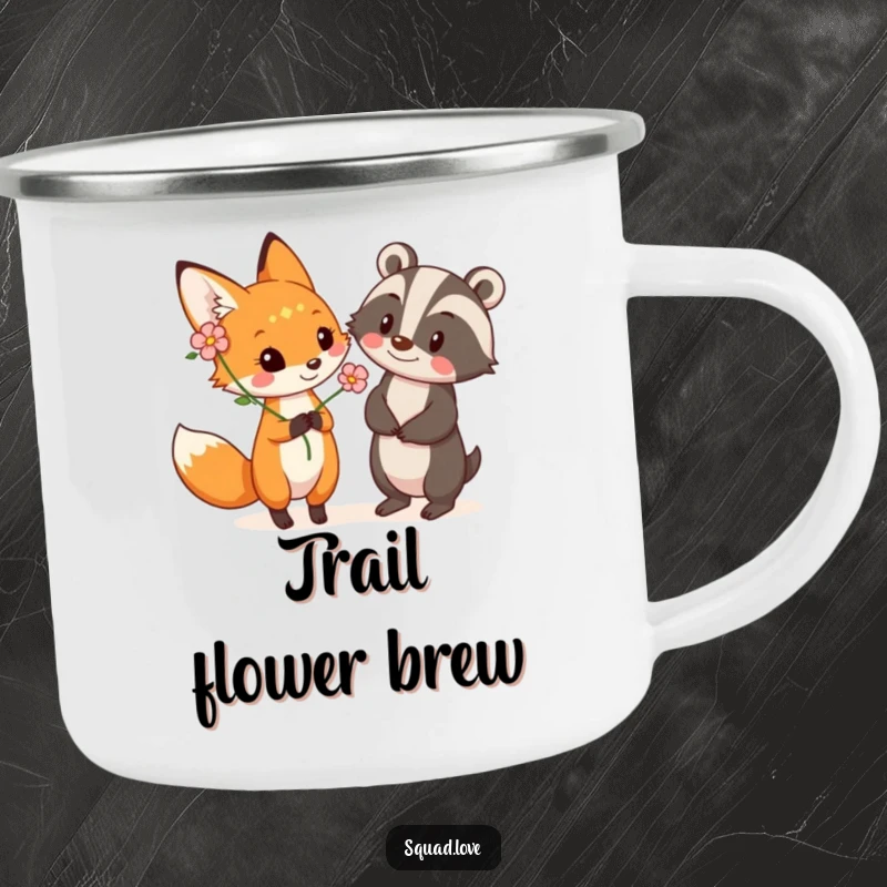Funny enamel camping mug showing a playful fox giving a flower to a smiling badger, ideal for outdoor enthusiasts loving nature.