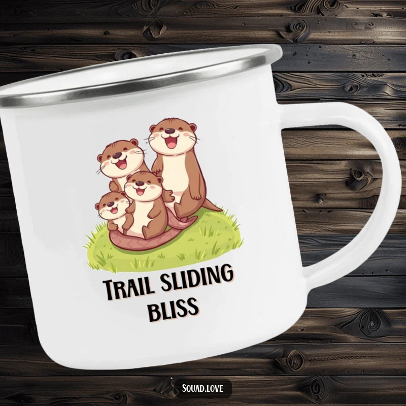 Funny otter family camping mug featuring otters sliding down a grassy hill, ready for outdoor adventures and hearty laughs.