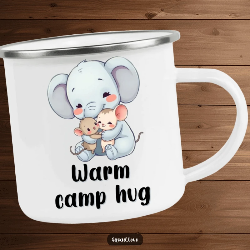 Funny Elephant and Mouse Camping Mug: A gentle elephant hugs a tiny mouse, ideal for outdoor adventures and warm beverages.