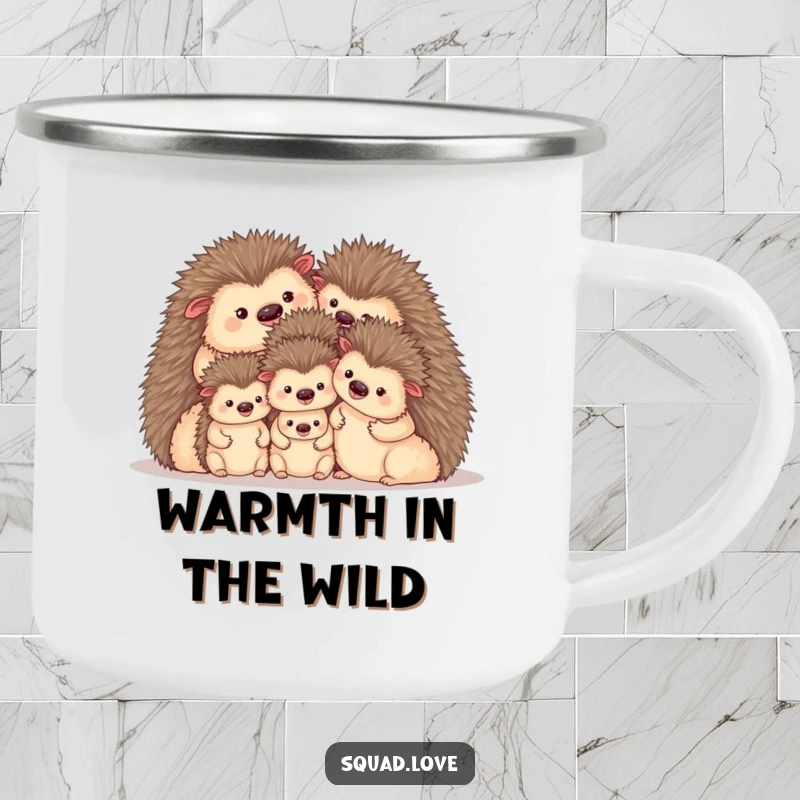Funny camping mug featuring a cozy family of hedgehogs huddled together, designed for outdoor warmth and enjoyment.