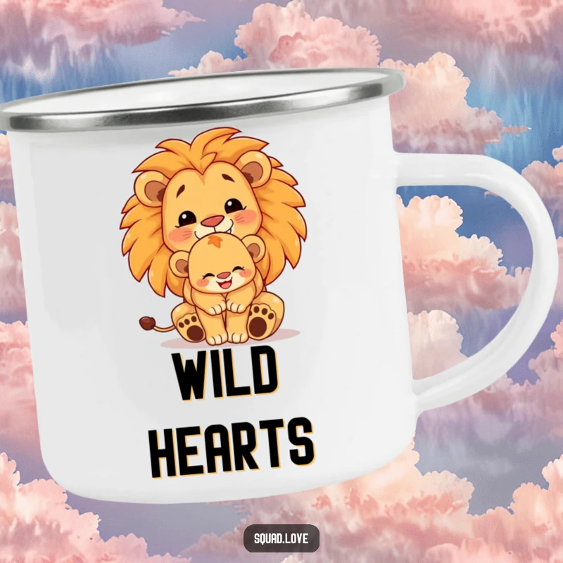 Funny lion family camping mug, showing a proud lion cub embraced by a larger lion, both beaming, perfect for outdoor drinks.