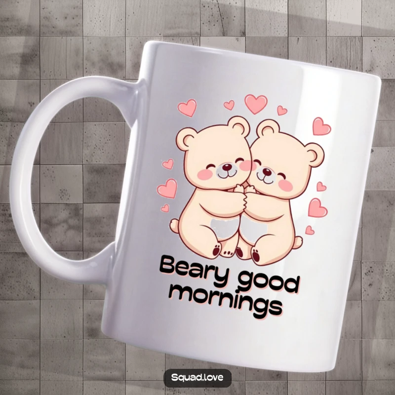 Funny mug showcasing two cheerful bears hugging tightly, surrounded by floating hearts, symbolizing love and friendship.
