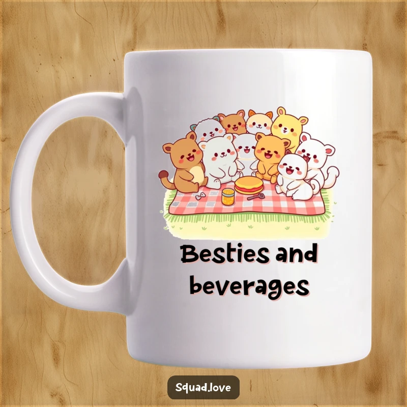 Funny mug featuring diverse kawaii animals laughing together on a picnic blanket, symbolizing friendship and fun.