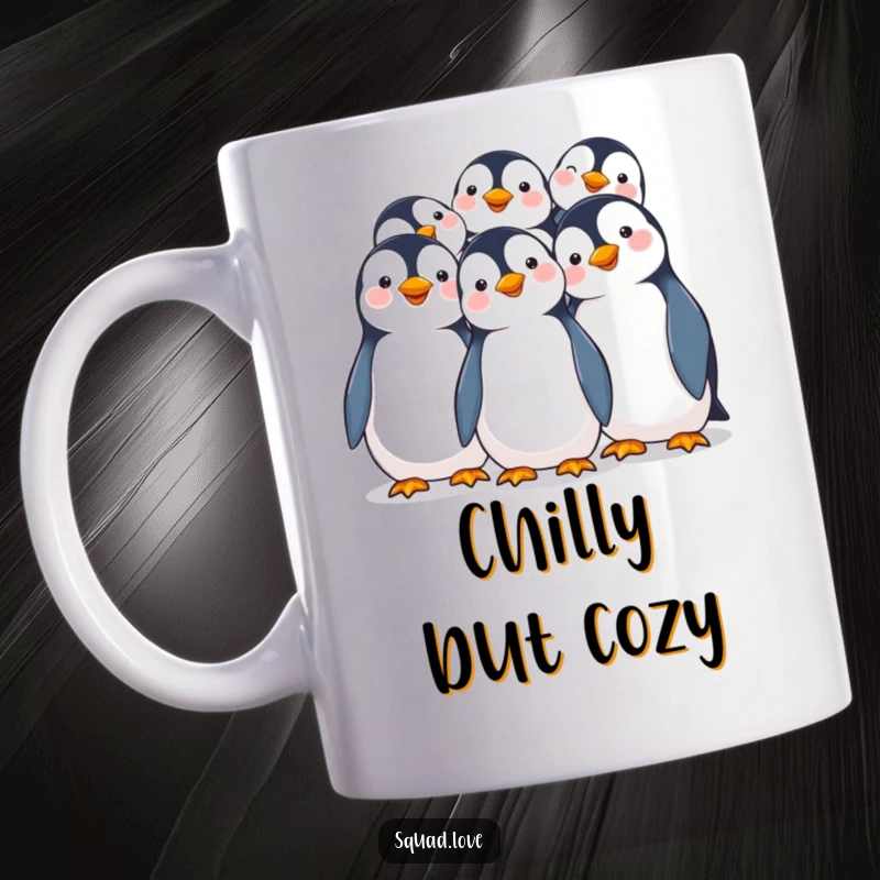 Funny mug showcasing a delightful group of smiling penguins joyfully huddling together, radiating warmth and camaraderie.