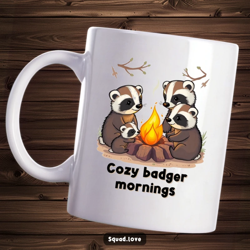Funny mug depicting a badger family gathered around a warm, glowing campfire, radiating comfort and harmonious outdoor living.