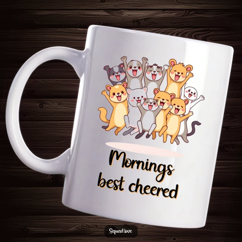 Funny mug depicting a diverse group of joyful animals leaping and cheering together, symbolizing unity, fun, and celebration.