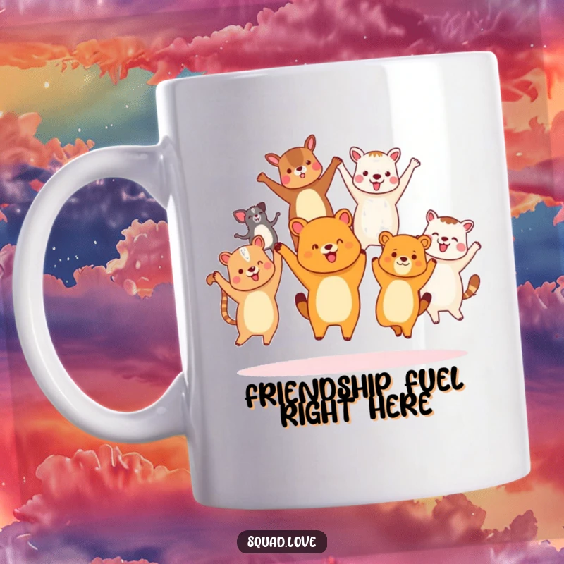 Funny diverse animal friends mug, holding hands and jumping joyfully together mid-air, embodying unity and pure happiness.