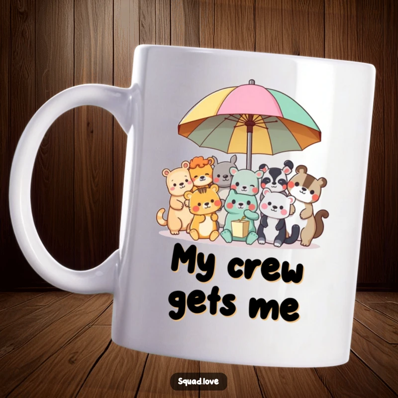 Funny animal friends mug, diverse creatures sharing a giant colorful umbrella, symbolizing unity and joy.