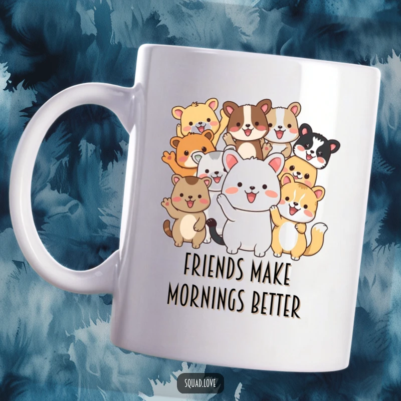 Funny mug with diverse animal friends waving enthusiastically together, promoting friendship and cheerful greetings in a heartwarming design.