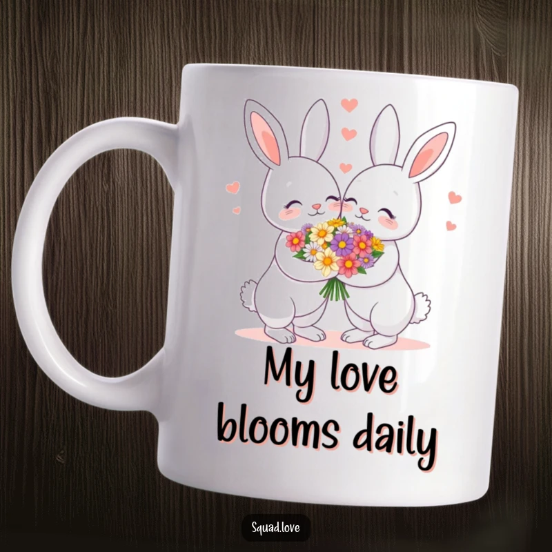 Funny mug featuring a loving bunny couple gently sharing a beautiful bouquet of flowers, symbolizing romance and happiness.