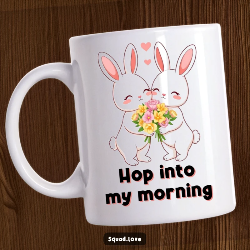 Funny mug featuring a loving bunny couple sharing a beautiful bouquet of flowers, symbolizing sweet romance. A lovely gift.