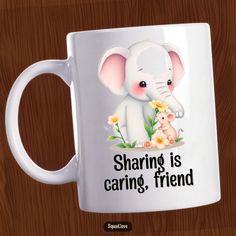 Funny mug showing a gentle elephant offering a delicate flower to a tiny grateful mouse, celebrating an unlikely friendship.
