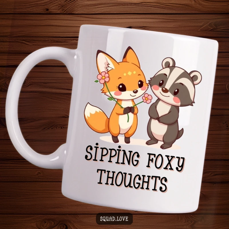Funny mug with a playful fox offering a colorful flower to a smiling badger, representing sweet friendship and nature's charm.
