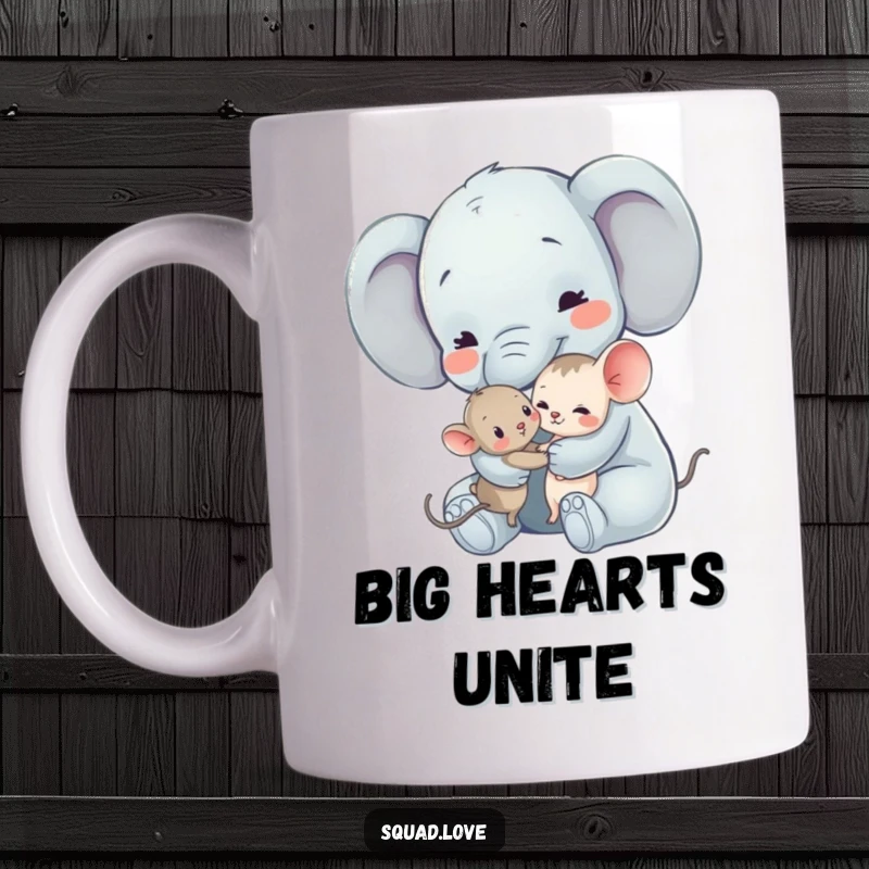 Funny Elephant and Mouse Hug Mug: A gentle elephant embraces a tiny mouse, showcasing a sweet and heartwarming interspecies friendship.