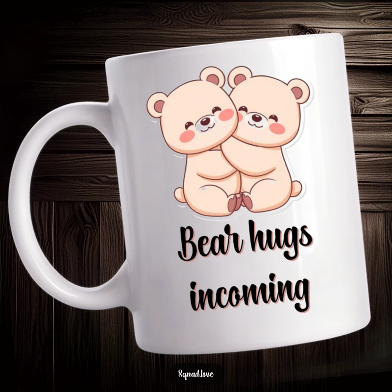 Funny mug featuring two kawaii bears hugging tightly with beaming smiles, radiating pure joy and friendship.