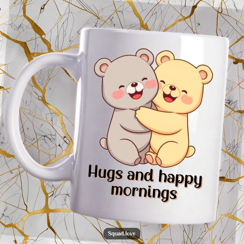 Funny kawaii bears mug, two cute bears embracing warmly with huge, happy smiles, symbolizing friendship and joy.