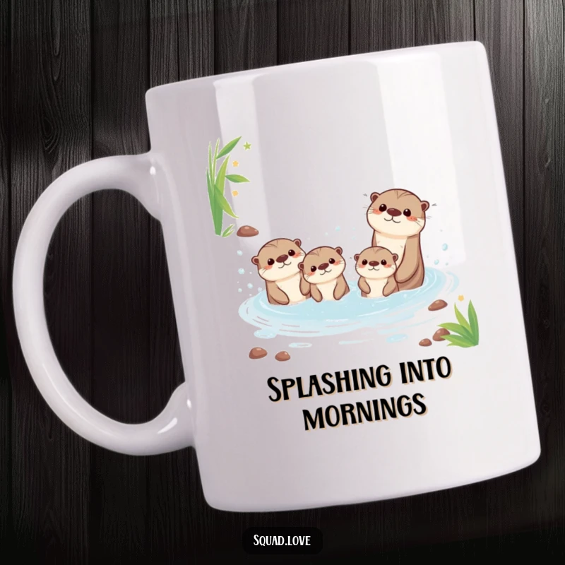 Funny mug featuring an adorable kawaii otter family joyfully splashing and playing together in a bubbly, cheerful stream.