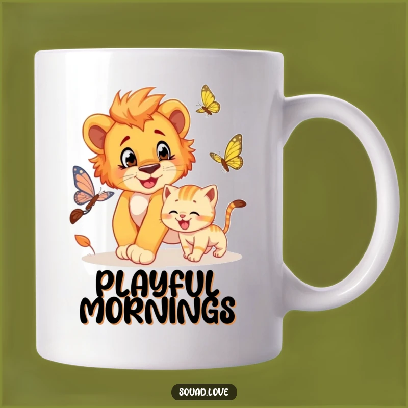 Funny Lion Cub & Kitten Mug - Playful Chase for a Hilarious Gift