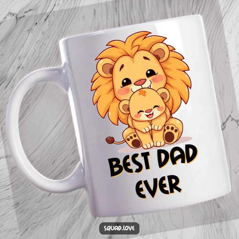 Funny lion family mug showing a proud cub hugged by a larger lion, both beaming with joy and love, symbolizing strong family connection.