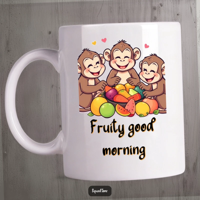 Funny Monkey Feast Mug: Smiling monkeys happily share a bountiful feast of colorful fruits, symbolizing joy and togetherness.
