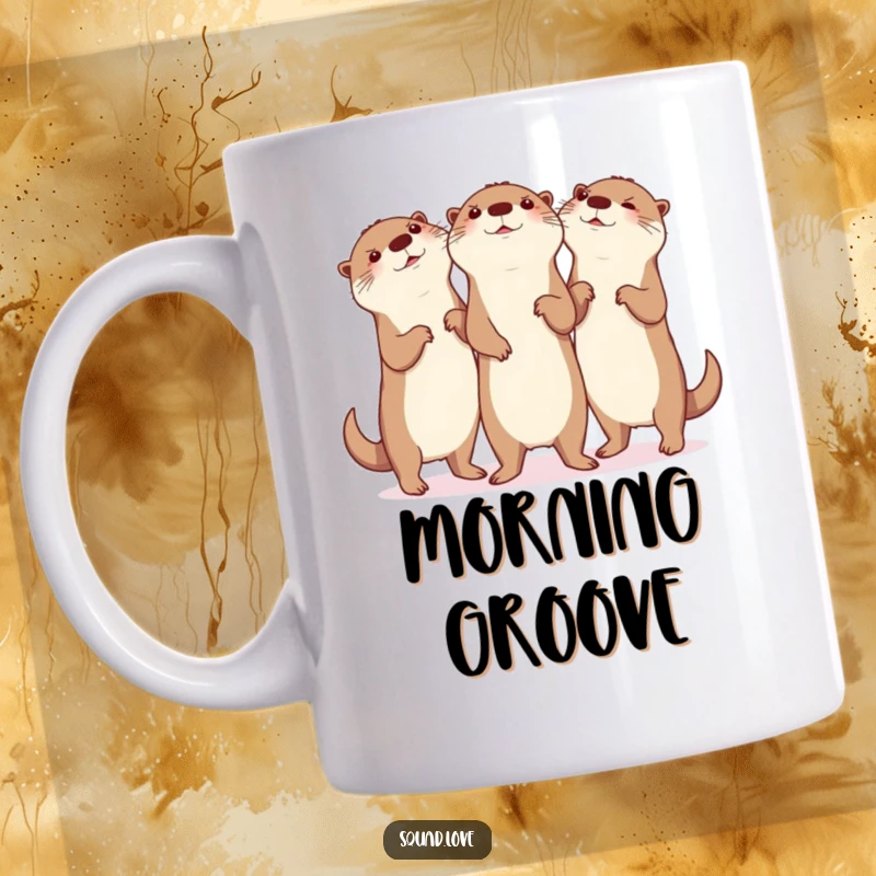 Funny otter dance mug showing three joyful otters performing a synchronized silly dance, full of glee and aquatic fun.
