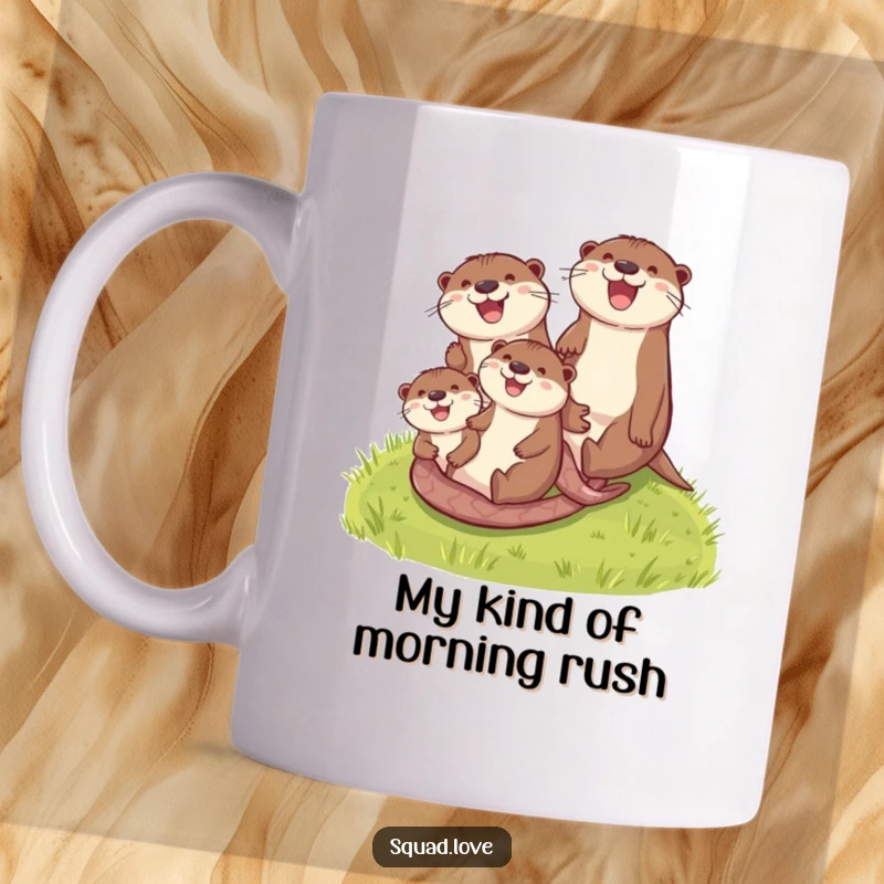 Funny otter family mug showing happy otters sliding gleefully down a green grassy hill together in a playful cascade.