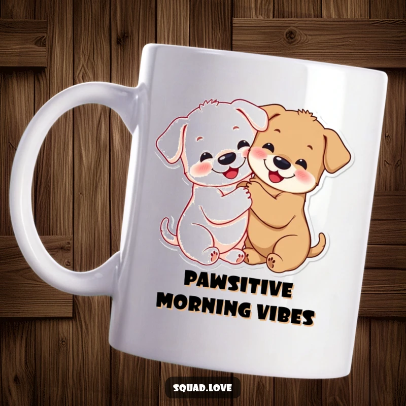 Funny puppy hug mug with two smiling puppies embracing closely, their paws linked in a heartwarming display of affection.