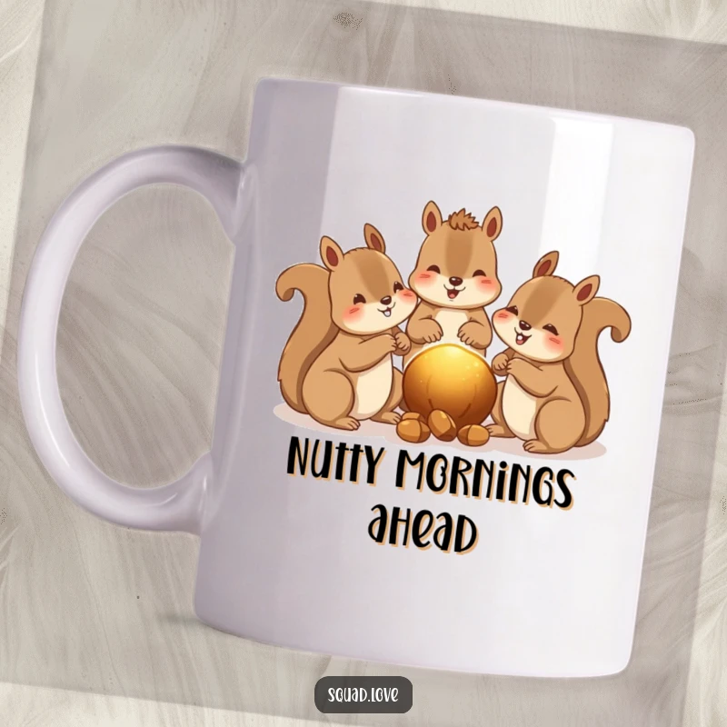 Funny mug depicting happy squirrels sharing nuts, with a warm, glowing aura between them, symbolizing camaraderie.