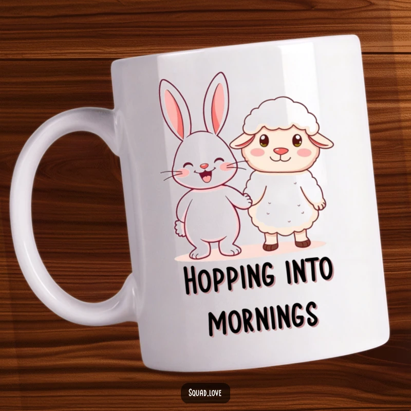 Funny mug showing a cheerful rabbit holding hands with a fluffy sheep, symbolizing friendship, kindness, and gentle connection.