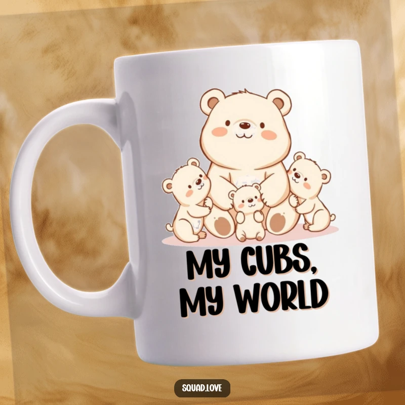 Adorable kawaii mama bear with a proud smile watching her playful cubs, featured on a heartwarming mug.