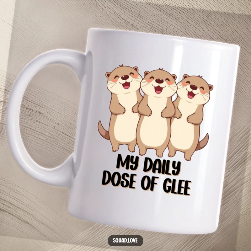 Funny mug featuring three ecstatic otters linked arm-in-arm, cheering with pure, unadulterated joy for a hilarious friend gift.