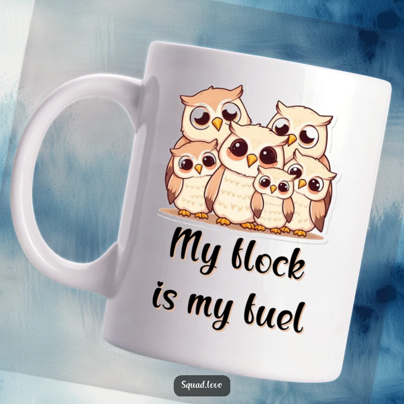 Funny owl family mug with warm smiles, huddled together in a loving embrace, symbolizing joy and togetherness.