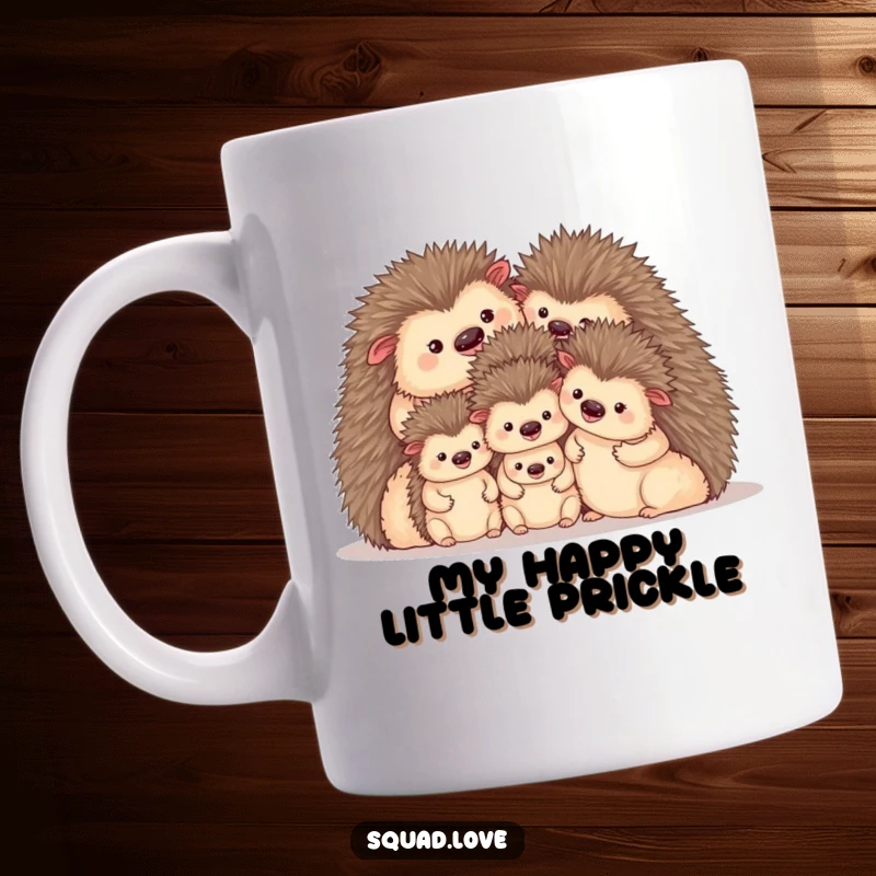Funny mug featuring a cozy family of hedgehogs huddled together, radiating warmth and contentment, perfect for a heartwarming gift.
