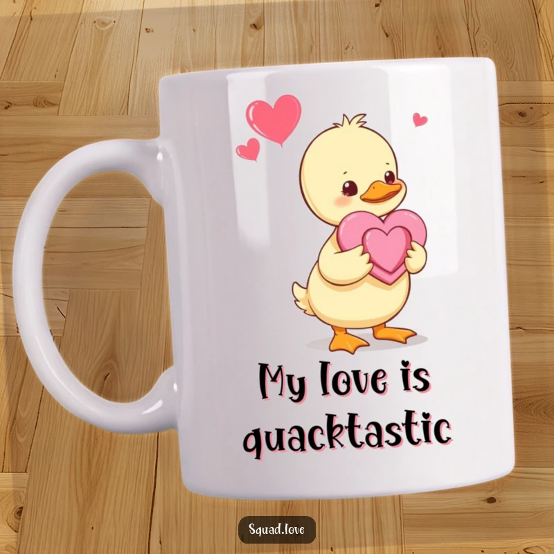 Funny Duckling Mug: A tiny duckling lovingly offers a handmade heart to its proud parents, showcasing pure familial affection and cuteness.