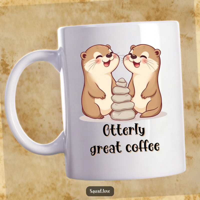 Funny mug with two happy otter friends laughing heartily while expertly balancing stones, showcasing friendship and playful fun.