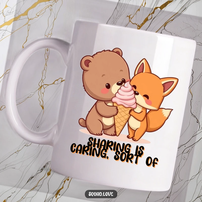 Funny mug with a cute bear cub sharing a giant ice cream cone with a happy fox, illustrating friendship and sweet indulgence.