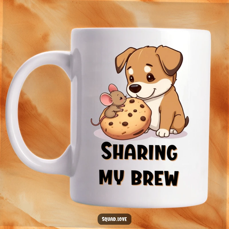 Funny mug showing a small mouse sharing a huge cookie with a large, friendly dog, illustrating kindness and friendship across sizes.
