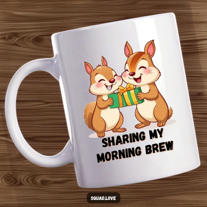 Funny Squirrel Chipmunk Gift Mug: A cheerful squirrel and chipmunk exchanging gifts with wide smiles, radiating friendship and holiday spirit.