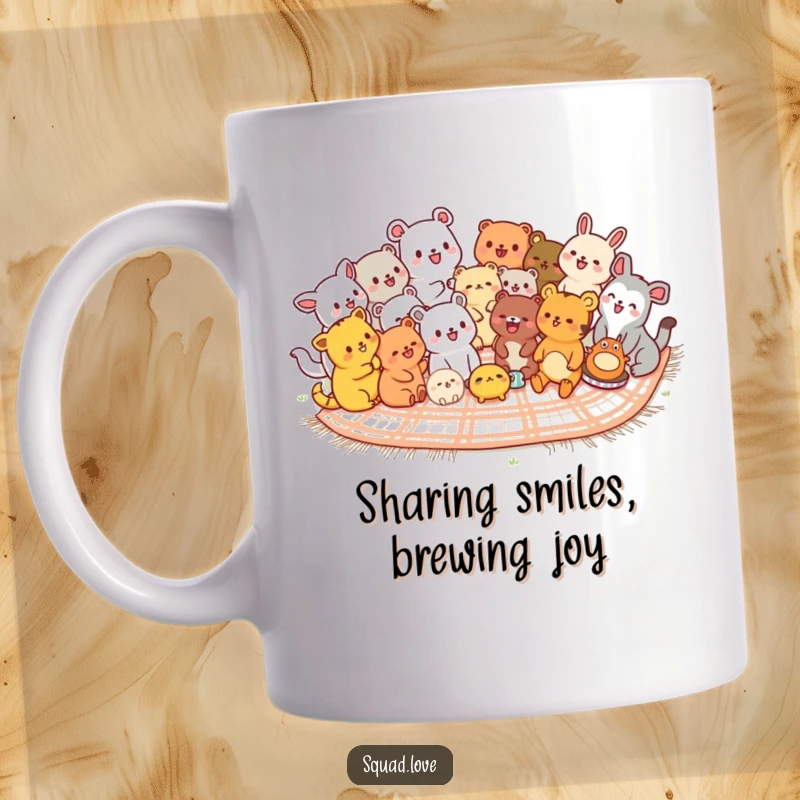 Funny kawaii animals mug, diverse cute creatures sharing a picnic blanket, laughing heartily together in a cheerful outdoor scene.