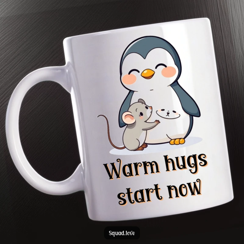 Funny mug with a cheerful kawaii penguin extending a warm hug to a timid, cute mouse, symbolizing friendship and comfort.