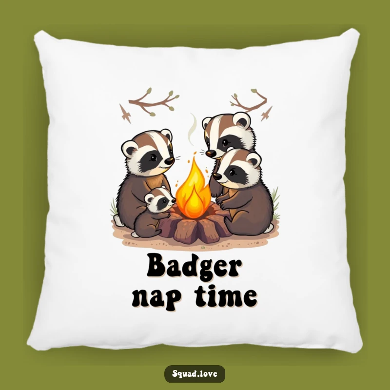 Funny Badger Family Pillow: Cozy Comfort with Campfire Companions