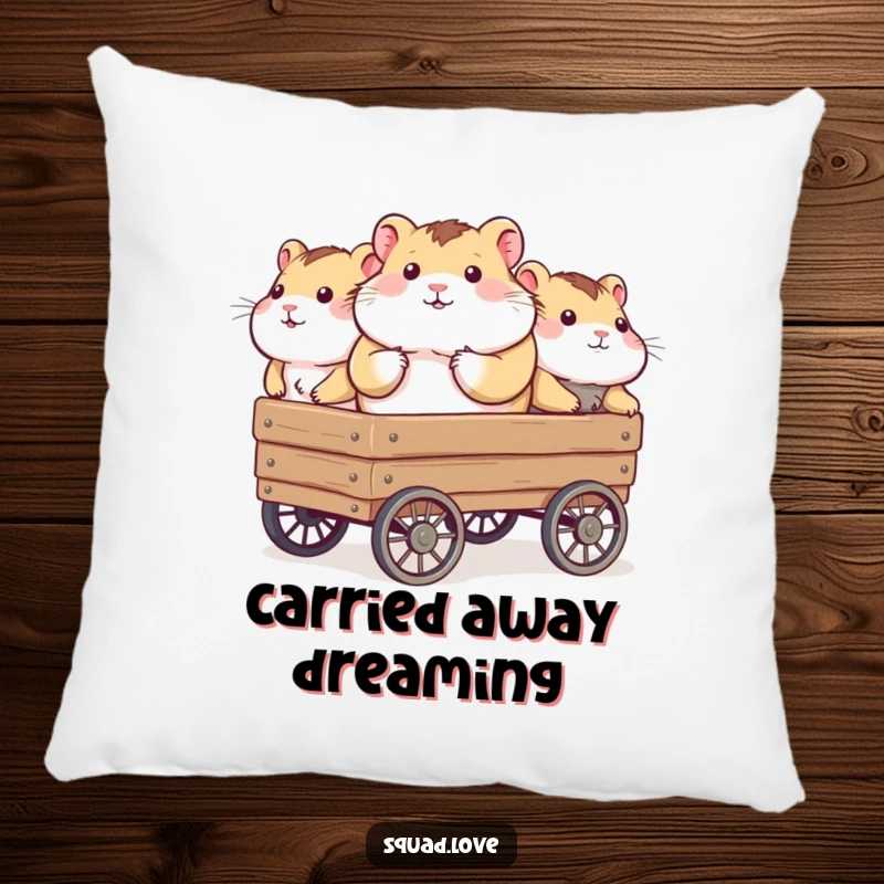 Funny pillow depicting a chubby hamster being carried in a wagon by a group of adorable, caring animal friends.
