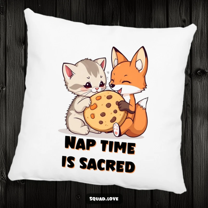 Funny kitten and fox pillow showing a playful kitten and a fox sharing a giant cookie, perfect for cozy, humorous decor.