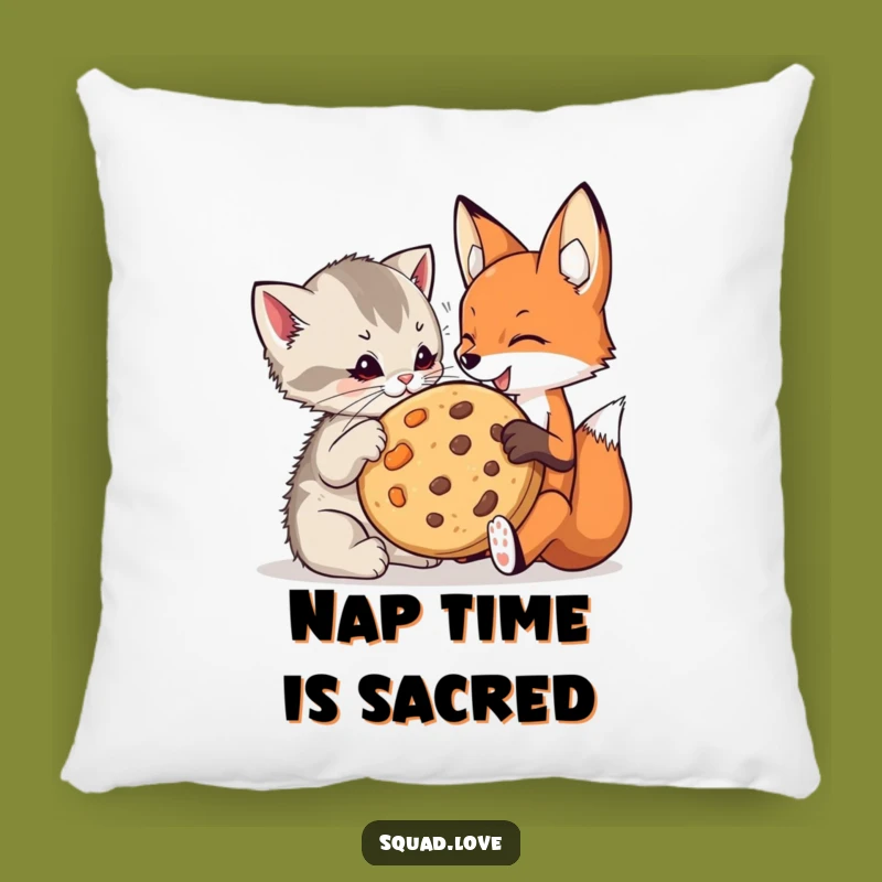 Cozy Funny Kitten & Fox Cookie Pillow: Playful Friends Share Treat, Comfy Funny Gift