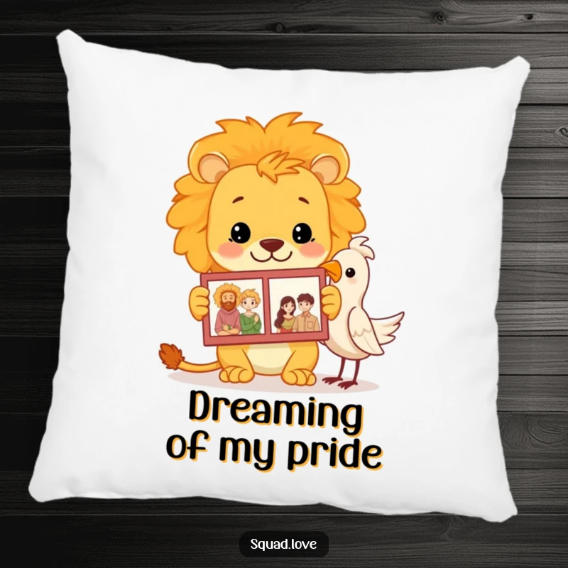 Funny lion family album pillow showing a proud lion showing a photo album to a bird, perfect for cozy, proud decor.